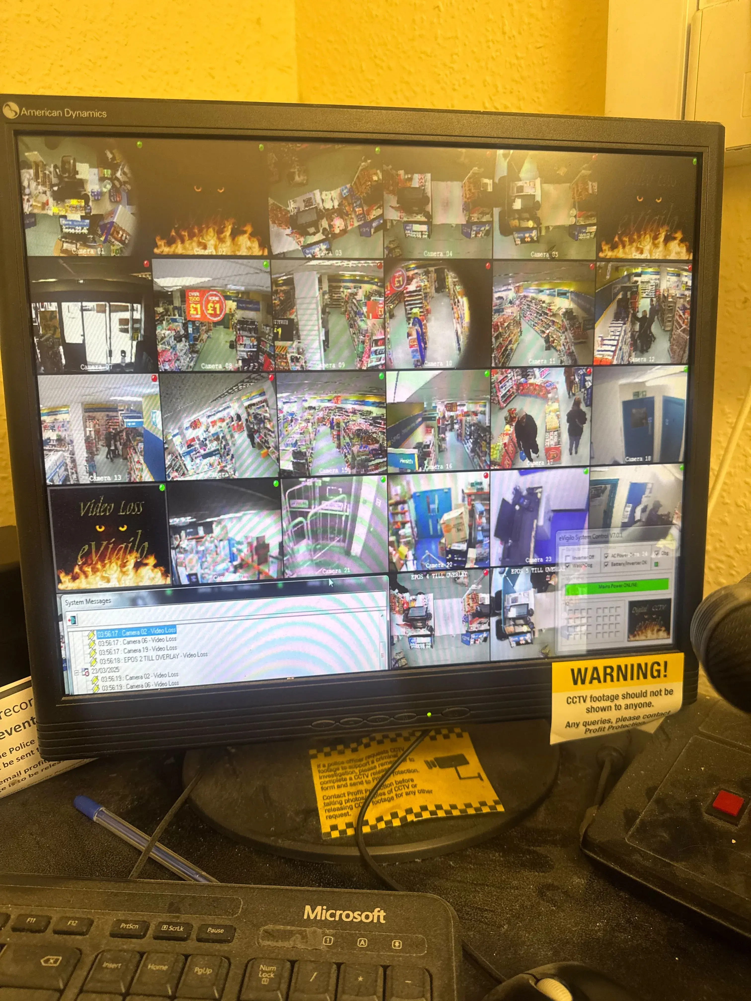 CCTV monitor showing multiple camera views of a convenience store