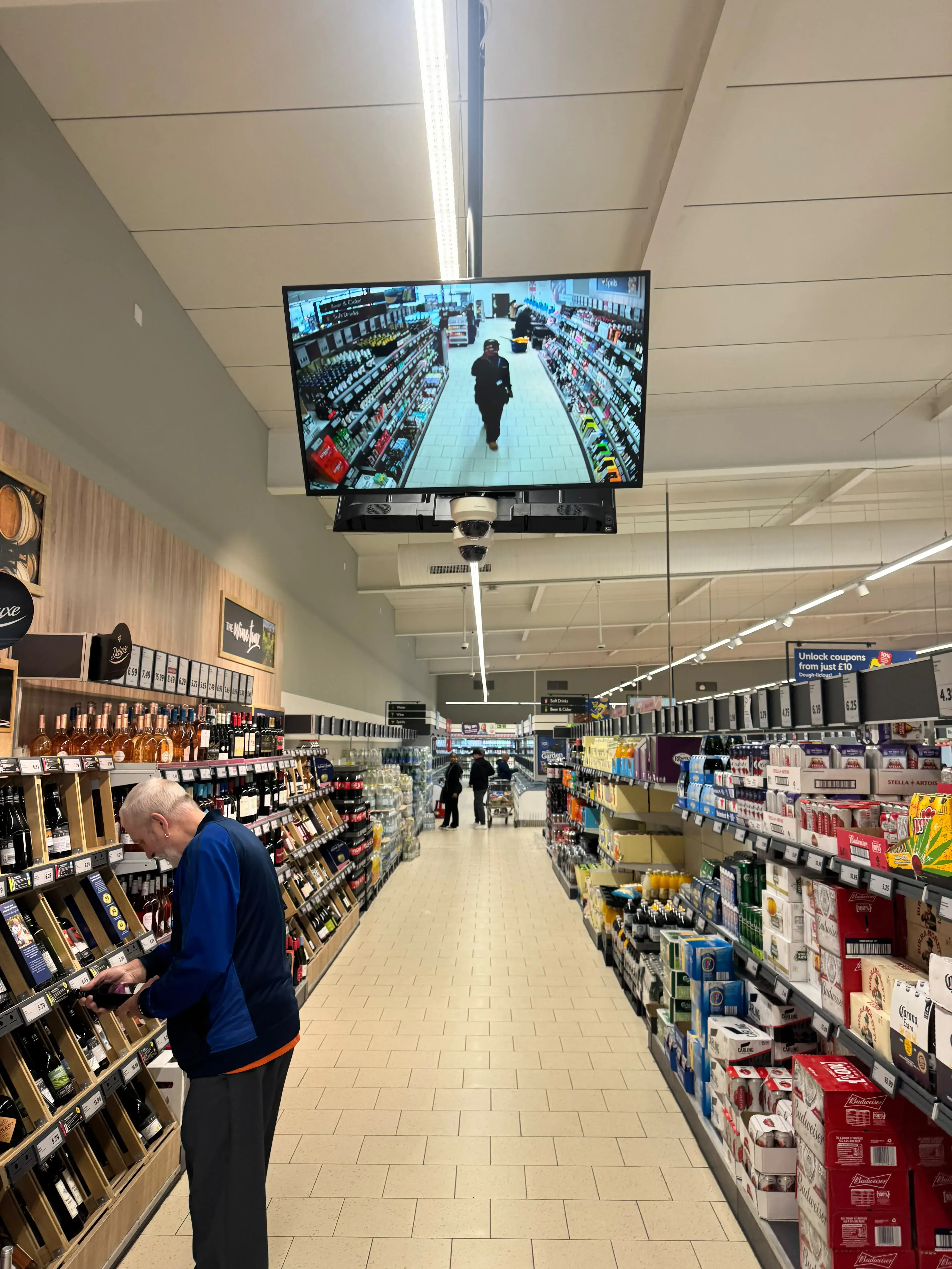 CCTV monitor above a supermarket aisle