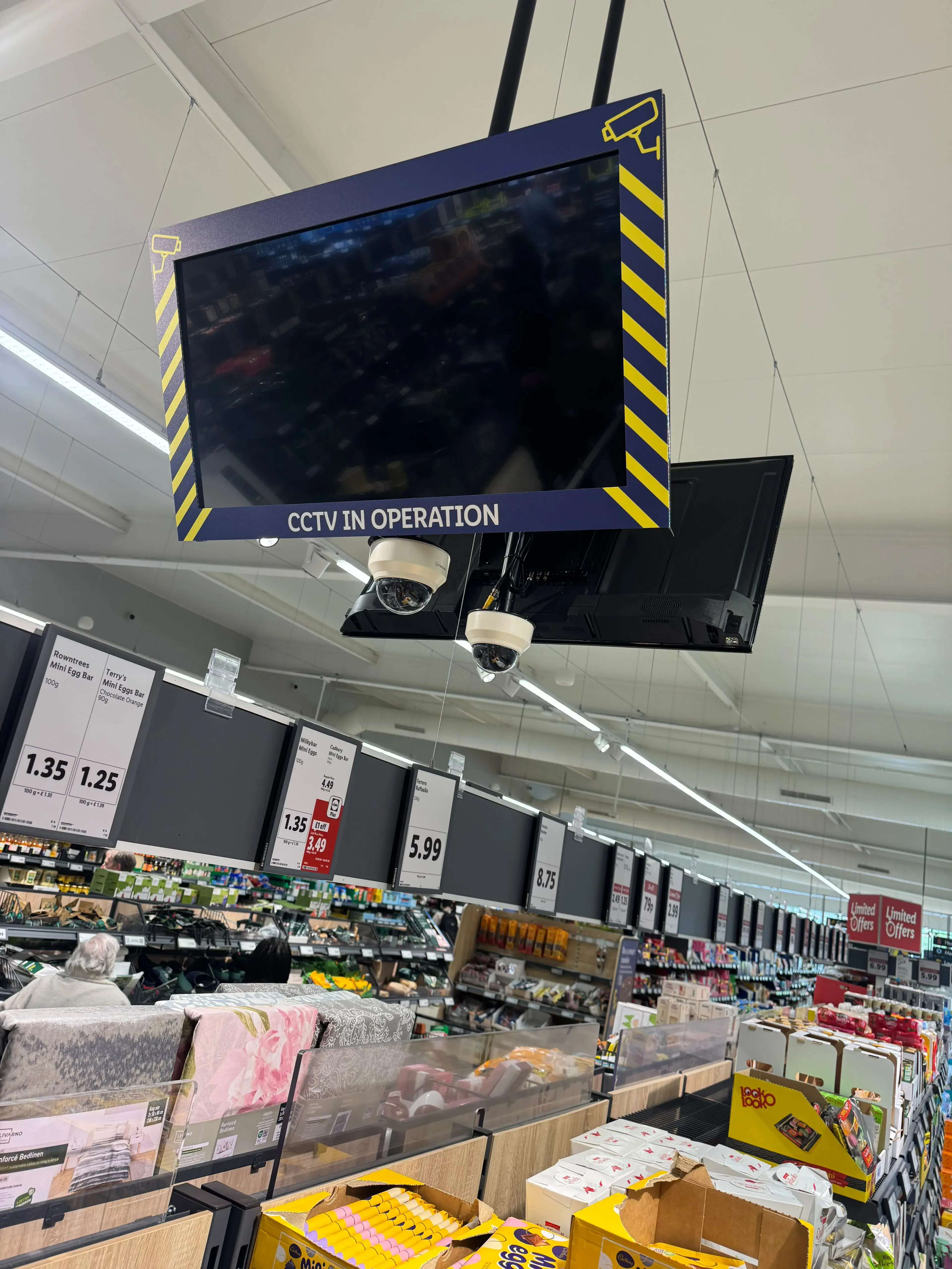 Supermarket CCTV in operation monitor with twin dome cameras