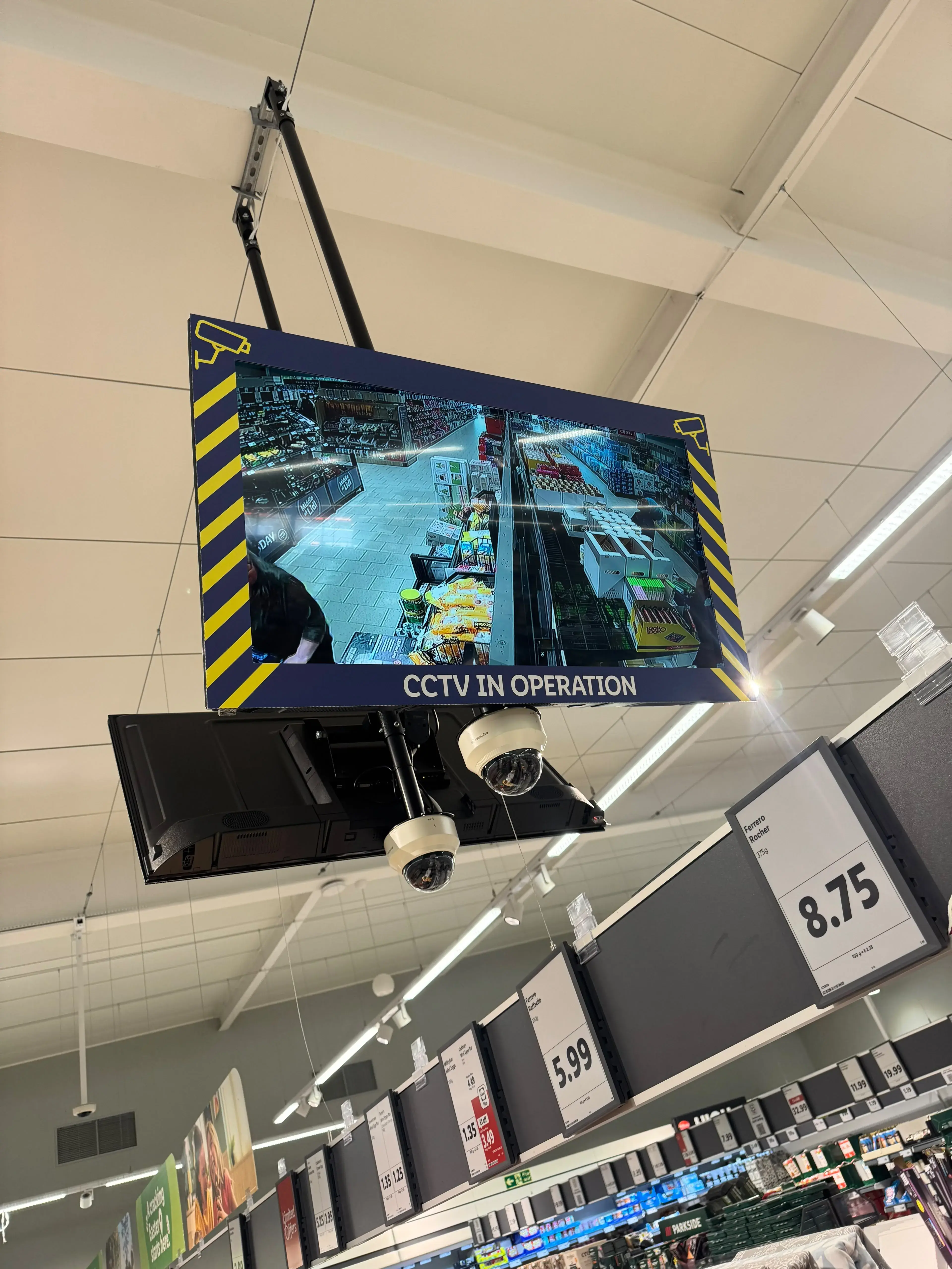 Supermarket public view monitor with dome cameras mounted below